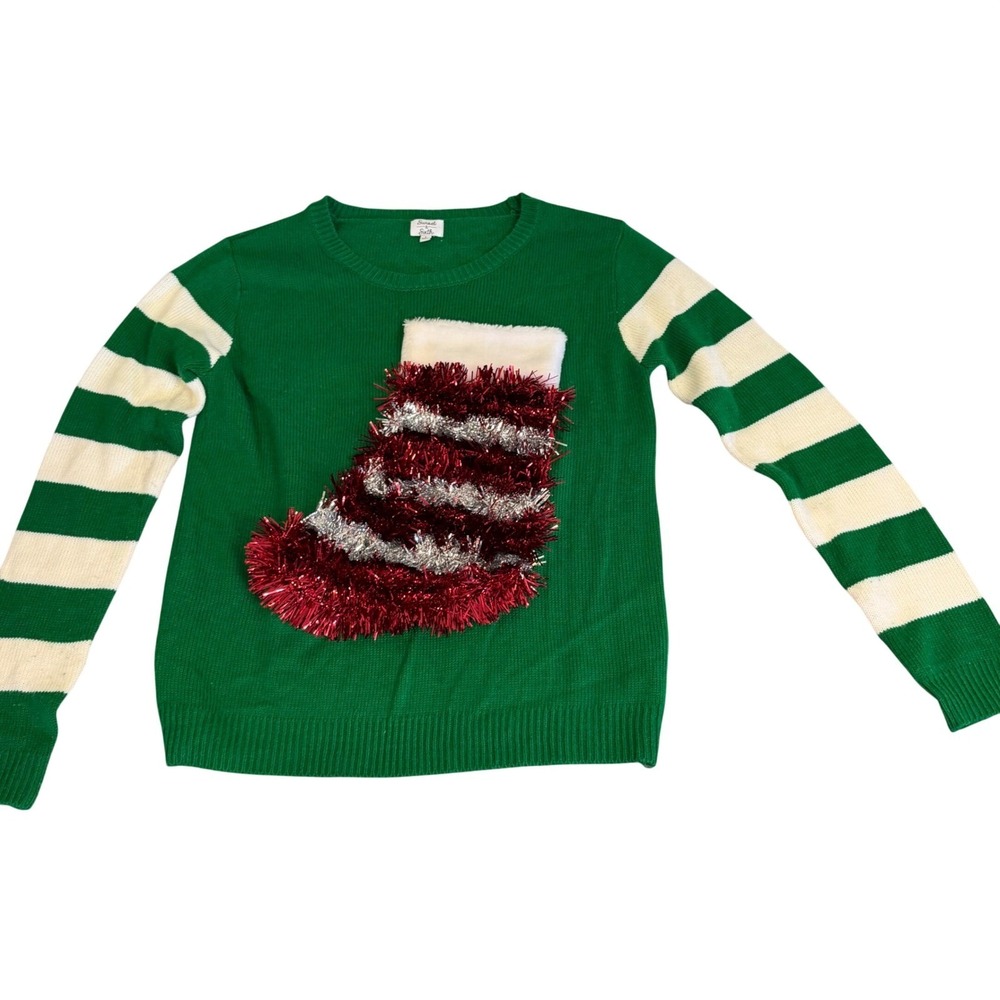 Sunset & Sixth Womens Green Christmas Sweater Tinsel Stocking Striped Sleeves L